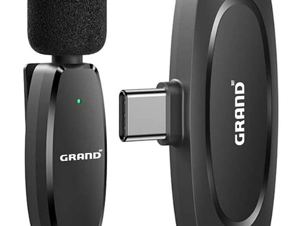 تصویر کامل میکروفون بیسیم یقهای گرنداسکای GM-01 با گیرنده و گیره لباس